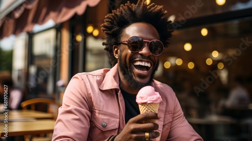 A black man holding an ice cream cone. © duyina1990