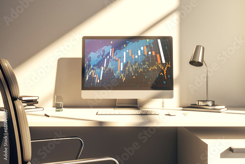 Abstract creative financial graph with world map on modern laptop monitor  forex and investment concept. 3D Rendering