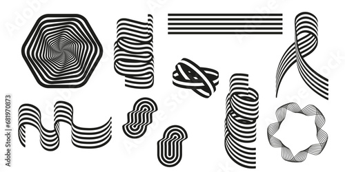 Set of black and white ribbon templates for banner, cover, poster, postcard. Abstract black and white curved ribbons isolated on white background. Optical 3D art