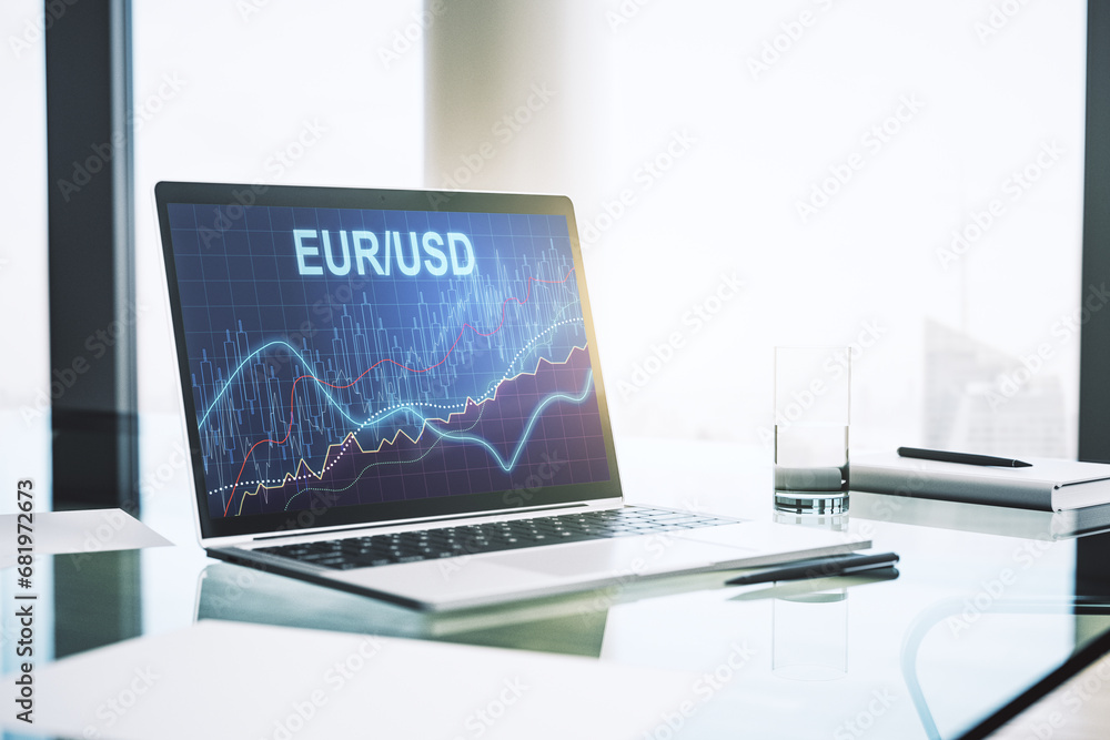 Fototapeta premium Creative concept of EURO USD financial chart illustration on modern laptop screen. Trading and currency concept. 3D Rendering