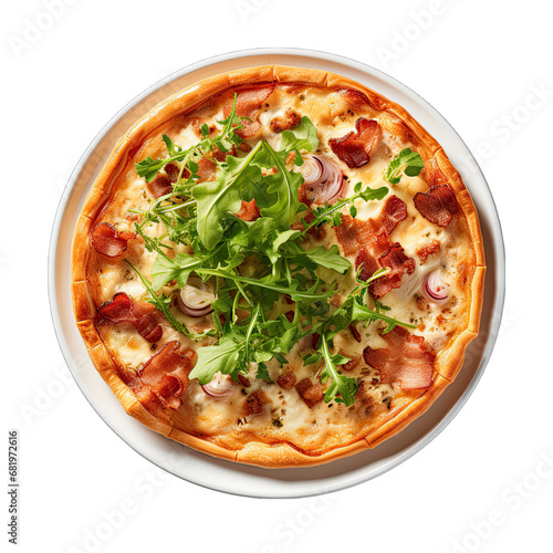 Top View of a Quiche Lorraine on a Plate Isolated on Transparent or White Background, PNG