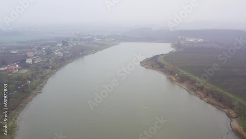 Aerial view of lake Markovac in Mladenovac, Serbia in fog photo