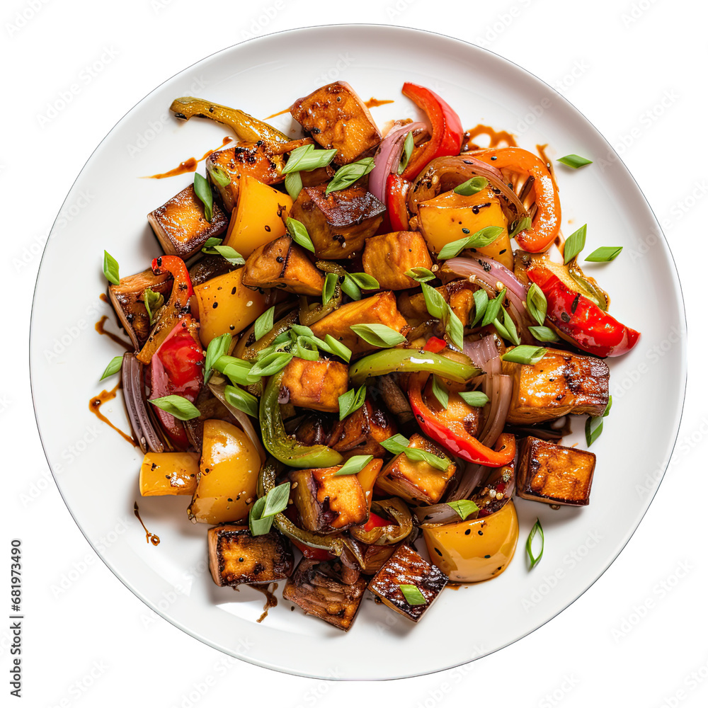 Top View of a Vegan Tofu Stir-Fry on a Plate Isolated on Transparent or White Background, PNG Top View of a Vegan Tofu Stir-Fry on a Plate Isolated on Transparent or White Background, PNG