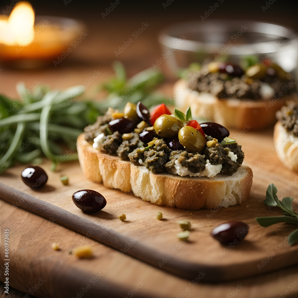 Olive Tapenade and Goat Cheese Crostini - A Mediterranean Symphony on Toasted Baguette Olive Tapenade and Goat Cheese Crostini - A Mediterranean Symphony on Toasted Baguette
