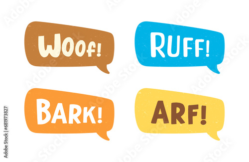 Dog bark animal sound effect text in a speech bubble balloon clipart set. Cute cartoon onomatopoeia comics and lettering.