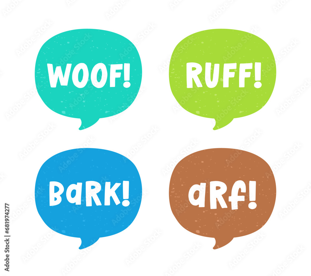Dog bark animal sound effect text in a speech bubble balloon clipart set. Cute cartoon onomatopoeia comics and lettering. Dog bark animal sound effect text in a speech bubble balloon clipart set. Cute cartoon onomatopoeia comics and lettering.