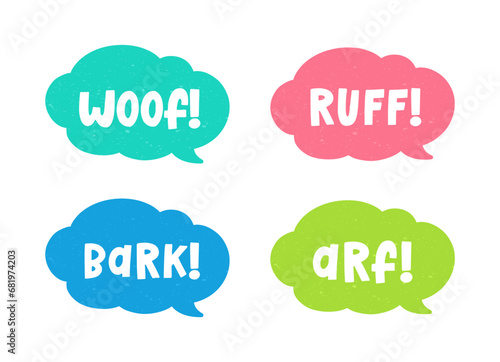 Dog bark animal sound effect text in a speech bubble balloon clipart set. Cute cartoon onomatopoeia comics and lettering.