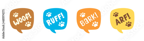 Dog bark animal sound effect text in a speech bubble balloon clipart set. Cute cartoon onomatopoeia comics and lettering.