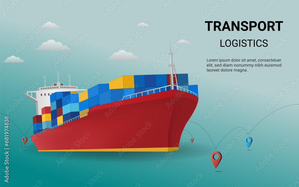 © Nostagrams - Transportation by cargo ship, online order tracking, global logistic, sea logistics. Ship, warehouse, cargo, container, courier. Concept for website or banner. 3D Perspective Vector illustration © Nostagrams - Transportation by cargo ship, online order tracking, global logistic, sea logistics. Ship, warehouse, cargo, container, courier. Concept for website or banner. 3D Perspective Vector illustration