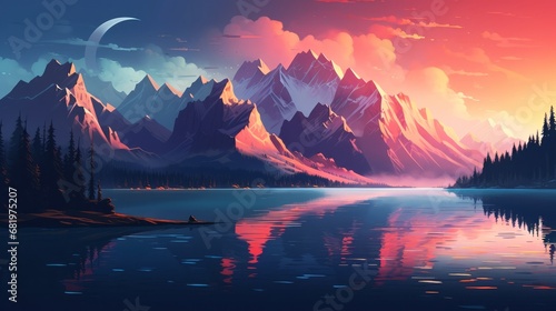 Watercolor Mountains and lake with reflection in the water at sunset. Mountain lake at sunset. Beautiful natural landscape.  © thanakrit