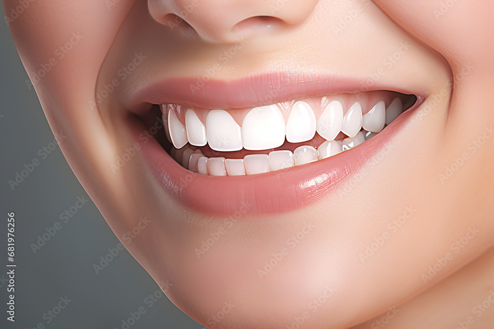 Obraz premium The close up dental part of a female model smiling with healthy whiten teeth shot in a studio. Generative AI.