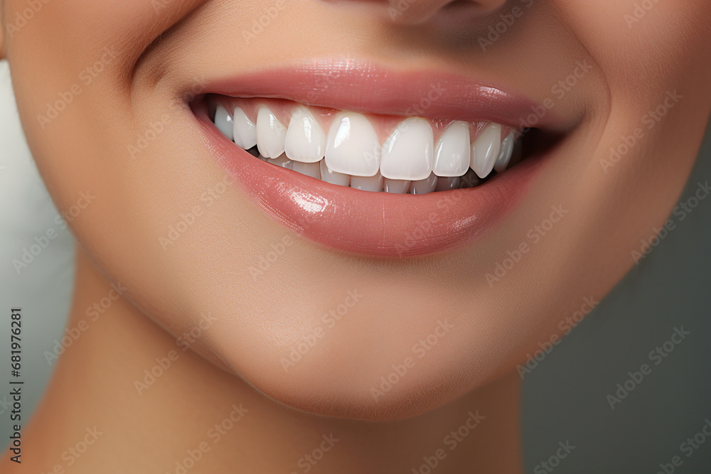 The close up dental part of a female model smiling with healthy whiten teeth shot in a studio. Generative AI. The close up dental part of a female model smiling with healthy whiten teeth shot in a studio. Generative AI.