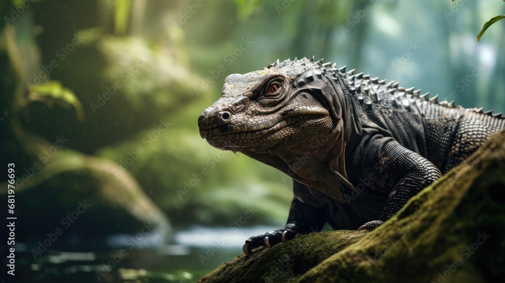 Obraz premium In the scenic national park, amidst the breathtaking nature, a large monitor lizard emerged from the water, captivating the wildlife enthusiasts with its big, close up encounter showcasing its