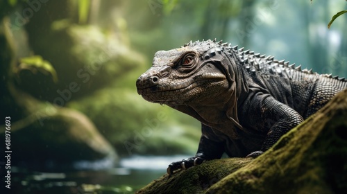 In the scenic national park, amidst the breathtaking nature, a large monitor lizard emerged from the water, captivating the wildlife enthusiasts with its big, close up encounter showcasing its © 2rogan