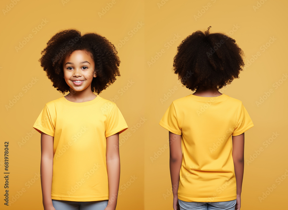 Front and back views of a little girl wearing a yellow T-shirt Front and back views of a little girl wearing a yellow T-shirt