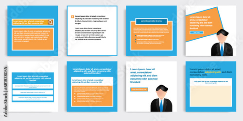 Minimal social media post banner layout template pack in blue, yellow, orange pastel color background with simple text box elements. Retro vintage style