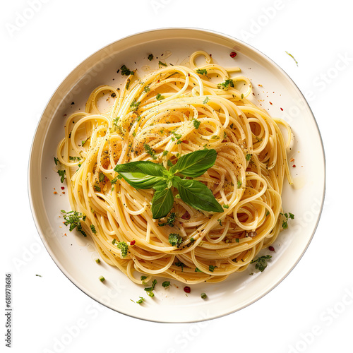 Spaghetti Aglio e Olio on a Plate Isolated on Transparent or White Background, PNG photo