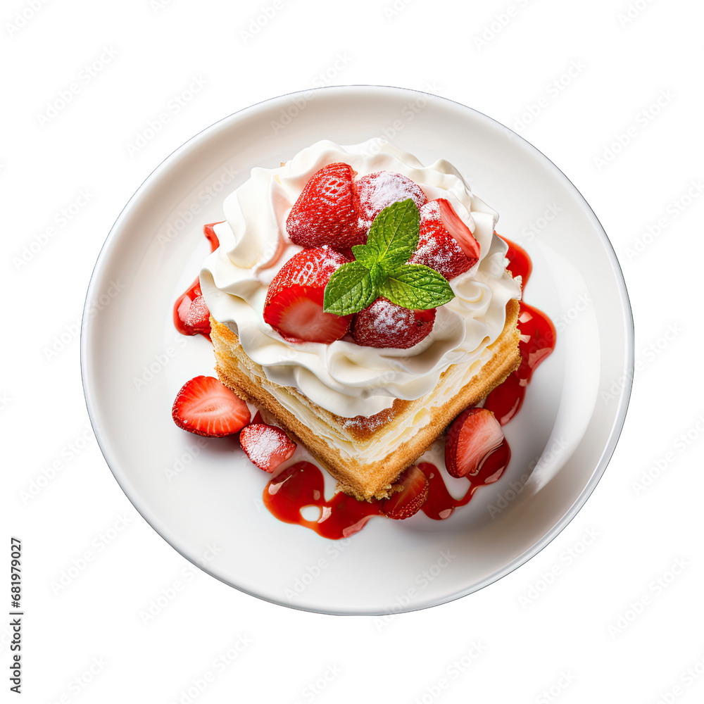 Top View of a Strawberry Shortcake on a Plate Isolated on Transparent or White Background, PNG Top View of a Strawberry Shortcake on a Plate Isolated on Transparent or White Background, PNG