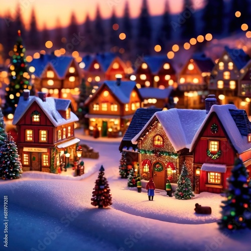 Tiny Christmas village, bright glittery snow, bright colors, 