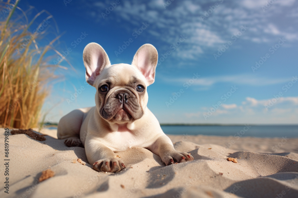 The animal portrait of a white cute French bulldog lying and sunbathing on the sand of a beautiful beach during summer vacation. Generative AI.