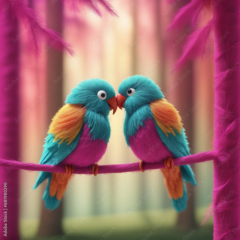 abstract colorful love birds made of thread
