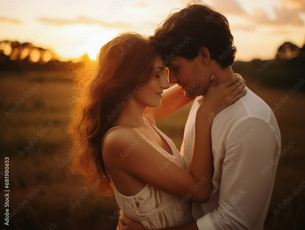 A tender embrace between a couple at sunset, conveying warmth and affection A tender embrace between a couple at sunset, conveying warmth and affection