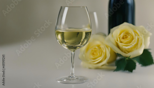 A glass of white wine, held against a yellow rose 