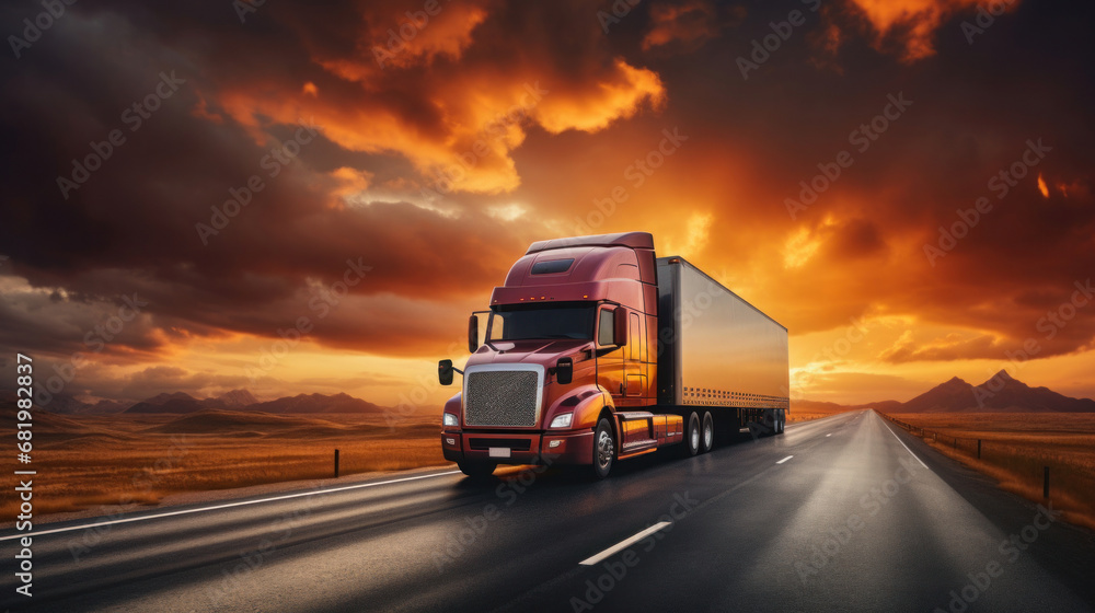 A truck driving on the asphalt road at sunset with dark clouds.