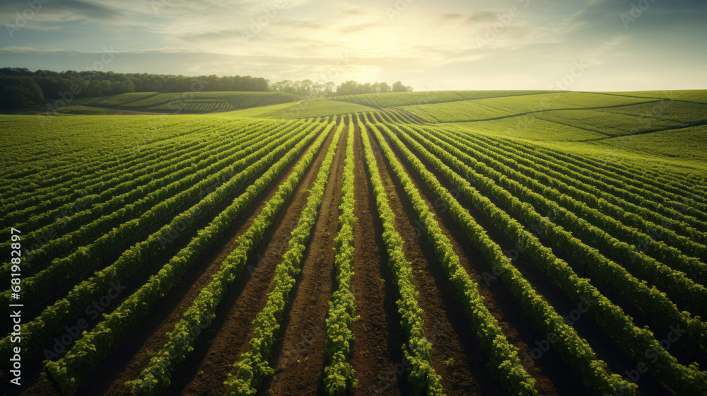 Aerial view of Green field with rows of vines for harvesting. Aerial view of Green field with rows of vines for harvesting.