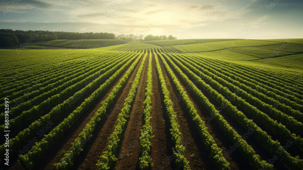 Aerial view of Green field with rows of vines for harvesting.