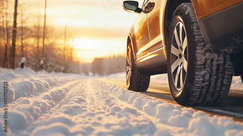 A car on snow road. Tires on snowy highway detail. Winter tire.