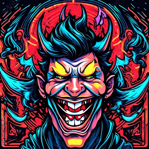 cartoon vector style t-shirt art of a devil laughing  bright neon colors