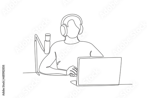 Single one line drawing social media of man who is listening to the other person during the podcast. Continuous line draw design vector

