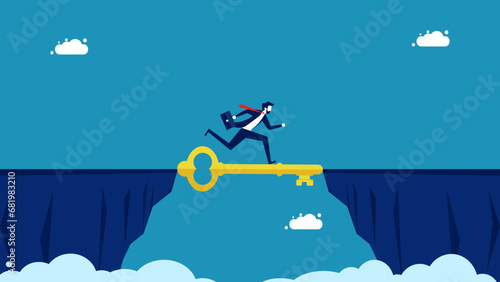Discover how to progress quickly. Businessman uses keys to bridge the gap vector © Nastudio