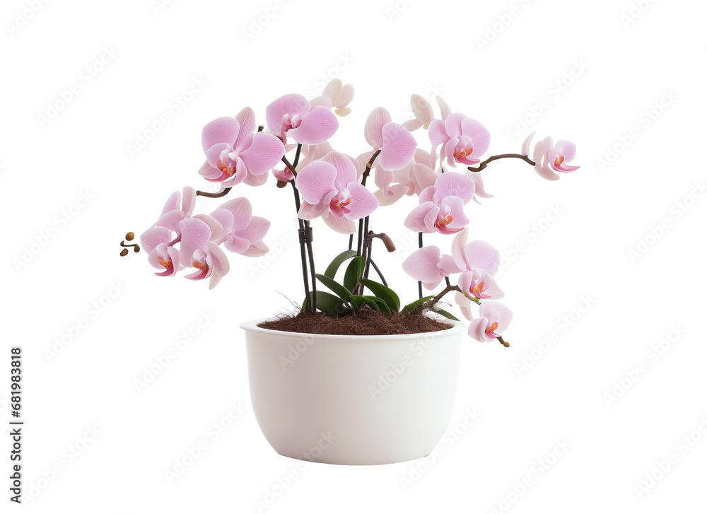 Naklejka premium Pink Petals Elegance: Orchids in White Pot - Transparent Background Photo