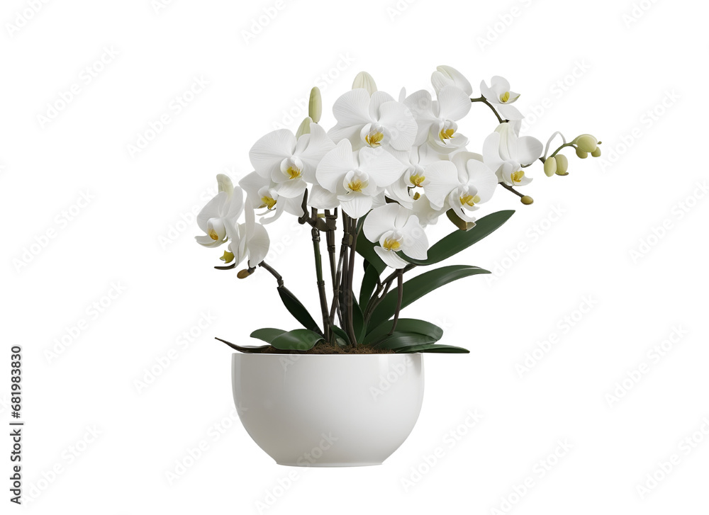 Graceful Orchids: White Blooms in Elegant Pot - Transparent Background Photo Graceful Orchids: White Blooms in Elegant Pot - Transparent Background Photo