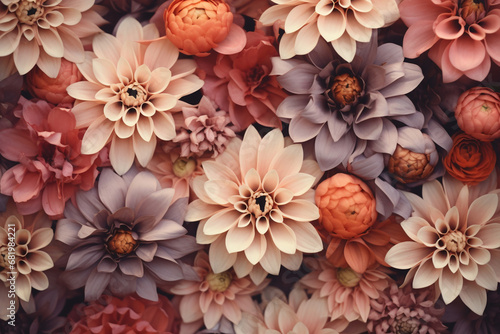 The abstract wallpaper of many vintage flower bouquets in gray, orange, pink, and white shade as a floral background for greeting card, wrapper, postcard or wedding invite. Generative AI. © Surachetsh