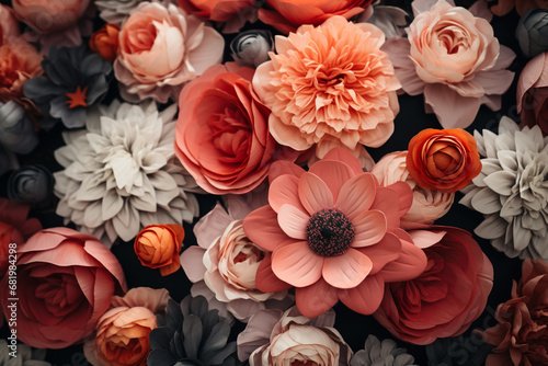The abstract wallpaper of many vintage flower bouquets in gray, orange, pink, and white shade as a floral background for greeting card, wrapper, postcard or wedding invite. Generative AI.