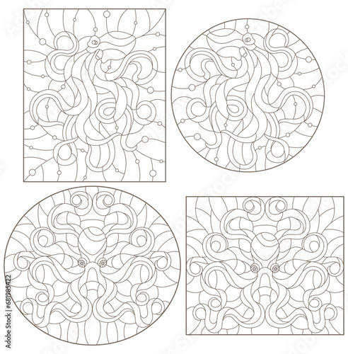 Set of contour illustrations in stained glass style with octopuses, round and rectangular image, dark contours on a white background