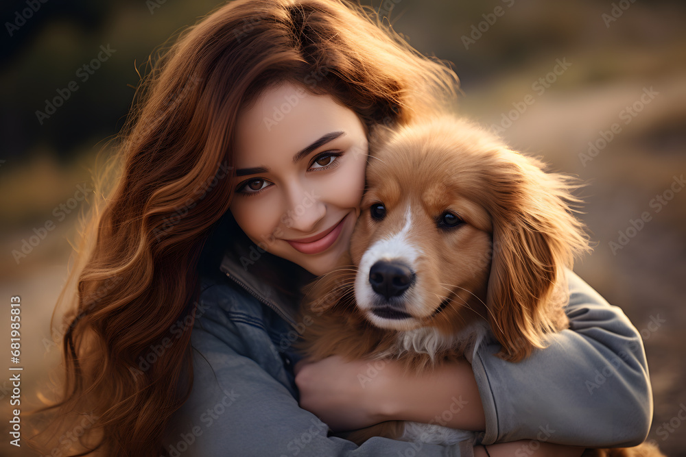 Close up of young woman hugging young dog