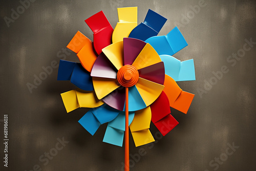 The close up detail of a colorful pinwheel or multicolor toy windmill for kid isolated on a white, black, indoor room studio background. Generative AI.