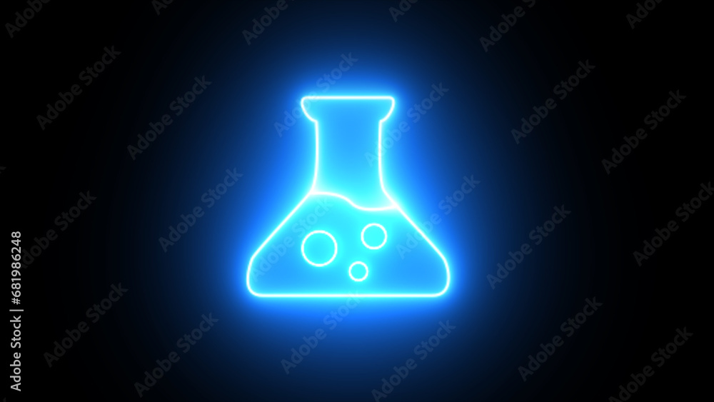 Neon glowing beaker icon. Сhemical experiment in flask. Сhemistry and biology symbol. neon Test tube sign. test tube glowing icon. Medical Icons. science symbol on black  background. - obrazy, fototapety, plakaty 