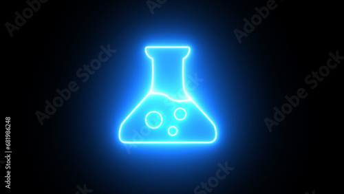 Neon glowing beaker icon. Сhemical experiment in flask. Сhemistry and biology symbol. neon Test tube sign. test tube glowing icon. Medical Icons. science symbol on black  background. photo