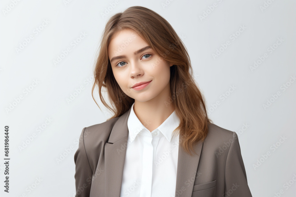 The portrait of a confident business woman in a suit with brown or gray hair standing and posing on a white studio screen background. Generative AI. The portrait of a confident business woman in a suit with brown or gray hair standing and posing on a white studio screen background. Generative AI.
