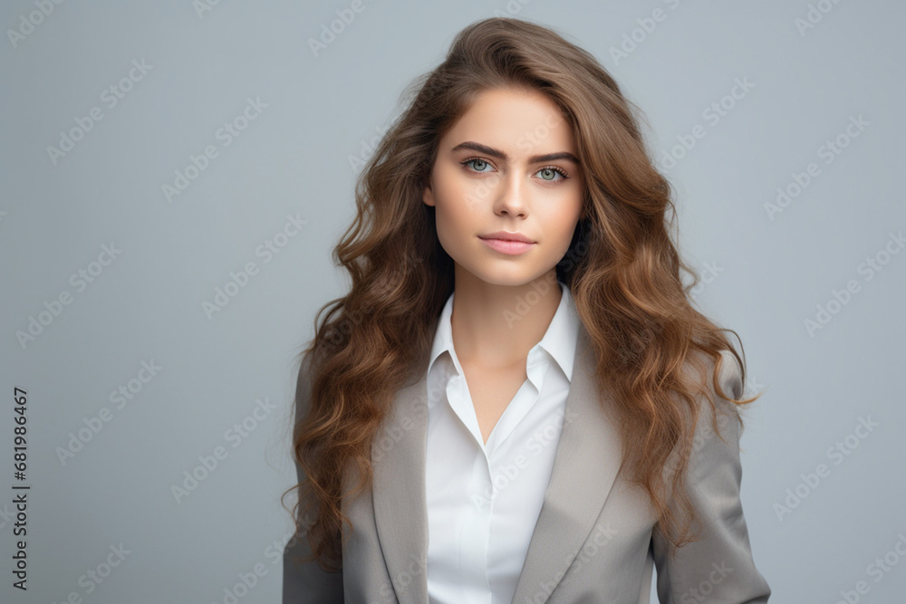 The portrait of a confident business woman in a suit with brown or gray hair standing and posing on a white studio screen background. Generative AI. The portrait of a confident business woman in a suit with brown or gray hair standing and posing on a white studio screen background. Generative AI.