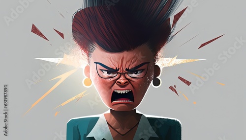 Illustration angry businesswoman business working design bad mood red challenged emotion depression conflict woman girl work manager management team cartoon drawing character executive employee photo