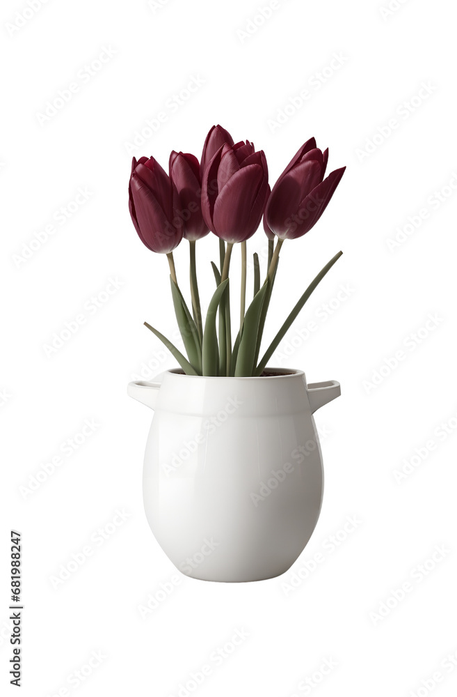 Fototapeta premium Burgundy Beauty: Maroon Tulips in White Pot - Transparent Background Photo