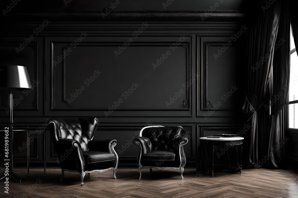Luxury dark living room interior with gray sofa mock up, modern interior background, empty black wall mockup, 3d illustration Luxury dark living room interior with gray sofa mock up, modern interior background, empty black wall mockup, 3d illustration
