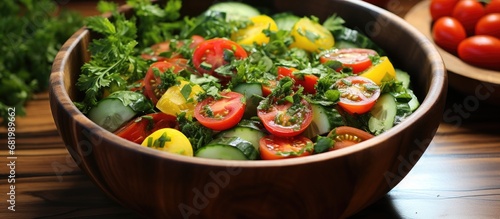 The wooden salad bowl was filled with a vibrant mix of fresh green parsley, crunchy cucumber slices, ripe red tomatoes, and fragrant basil leaves, accentuating the healthy, natural goodness of the raw