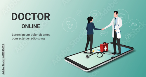 Patient meeting doctor online on a smartphone and shaking hands. tele medicine, Online healthcare and medical consultation, Online diagnostics, Ask a doctor, Digital health concept. 3D vector